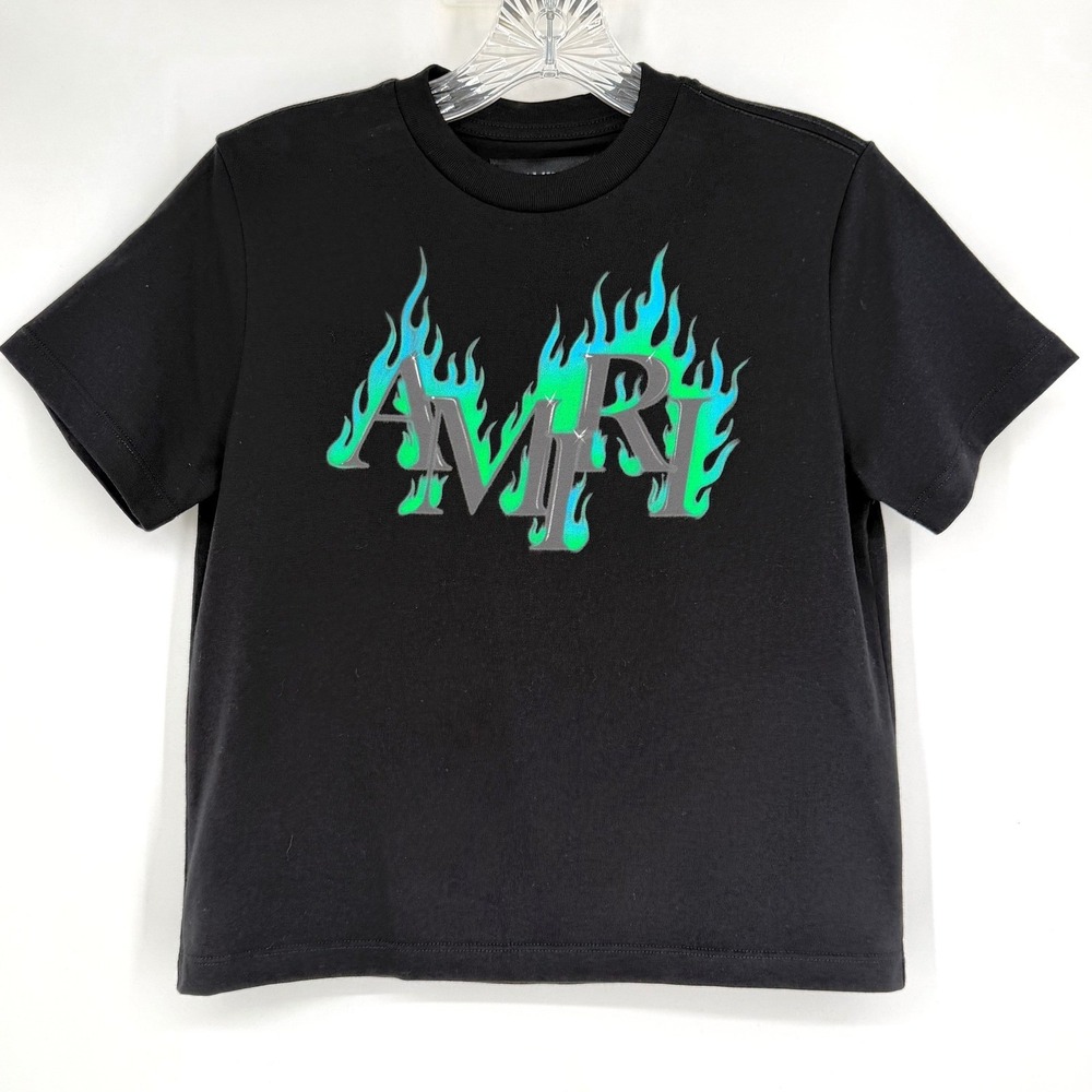 NWOT Amiri PS26 SAMPLE Youth T-Shirt Black Green Blue Flame Graphic Logo 8Y